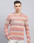 Men Striped Round Neck Pink Sweater