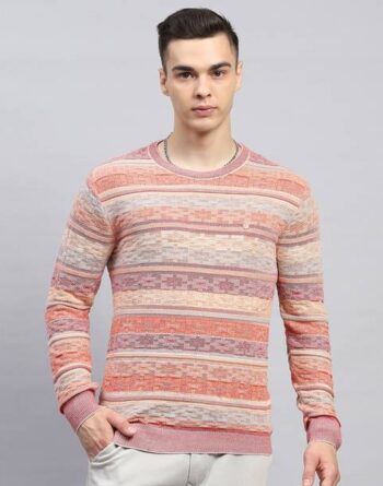 Men Striped Round Neck Pink Sweater
