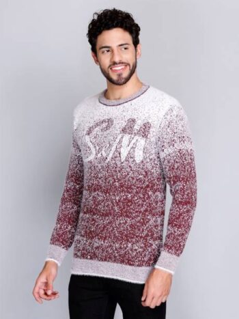 Men Self Design Round Neck Maroon Sweater