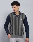 Men Self Design V Neck Grey Sweater