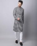 Checks Long Kurta with Mandarin Collar