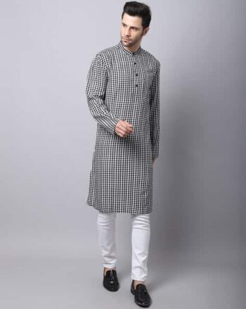 Checks Long Kurta with Mandarin Collar