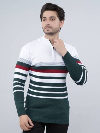 Men Striped Collared Neck White Sweater