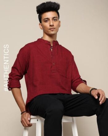 South Cotton Oxford Short Kurta with Roll-Up Sleeves & Patch Pocket