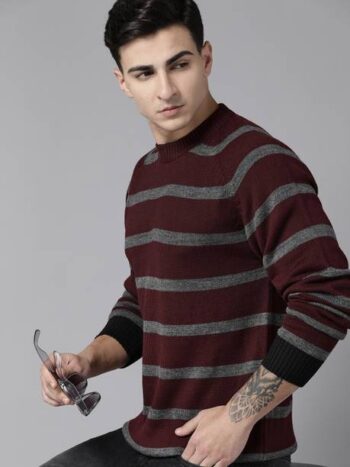Men Printed Round Neck Maroon Sweater