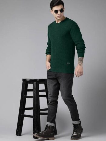 Men Solid Round Neck Green Sweater