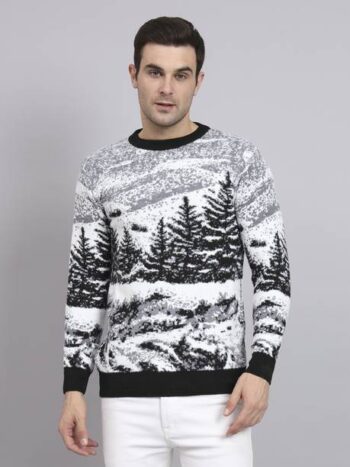 Men Printed Hooded Neck Dark Blue Sweater