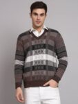 Men Striped V Neck Brown Sweater