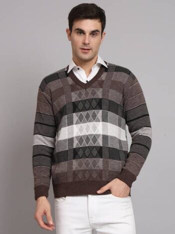 Men Striped V Neck Brown Sweater
