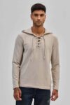 Men Solid Hooded Neck Beige Sweater