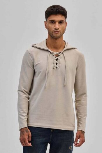Men Solid Hooded Neck Beige Sweater