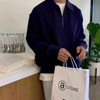 Men Solid Collared Neck Dark Blue Sweater