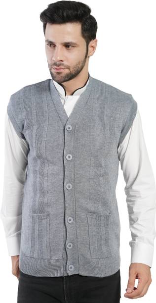 Men Self Design V Neck Maroon Sweater