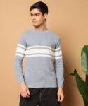 Men Striped Round Neck Light Blue Sweater