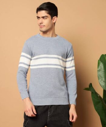 Men Striped Round Neck Light Blue Sweater