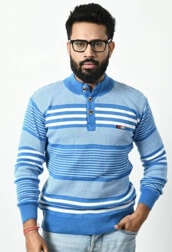 Men Colorblock Turtle Neck Blue Sweater