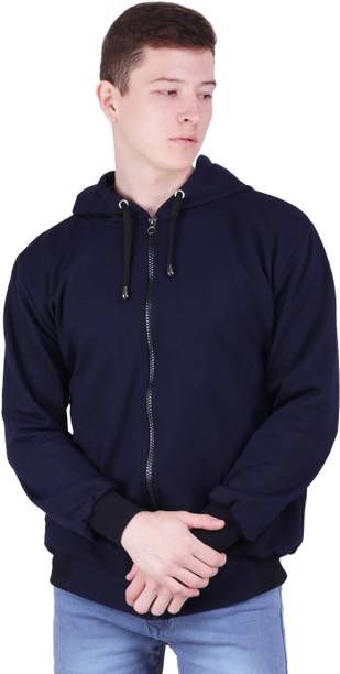 Men Solid Hooded Neck Blue Sweater