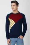 Men Colorblock Crew Neck Dark Blue Sweater