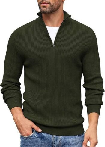 Men Solid Collared Neck Dark Green Sweater