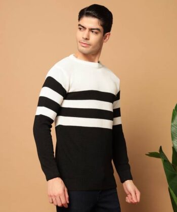 Men Striped Round Neck Black, Beige Sweater