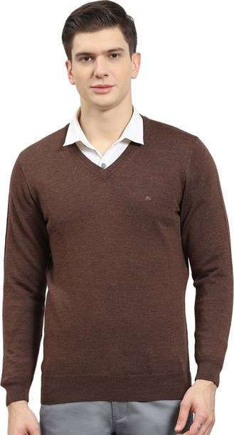 Men Woven V Neck Blue Sweater
