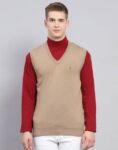 Men Solid V Neck Beige Sweater