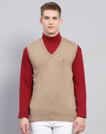 Men Solid V Neck Beige Sweater