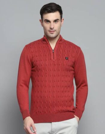 Men Self Design Turtle Neck Maroon Sweater