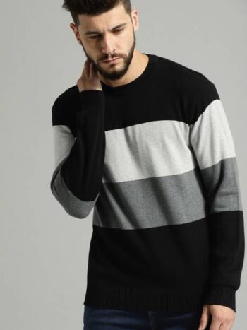 Men Striped V Neck Red Sweater