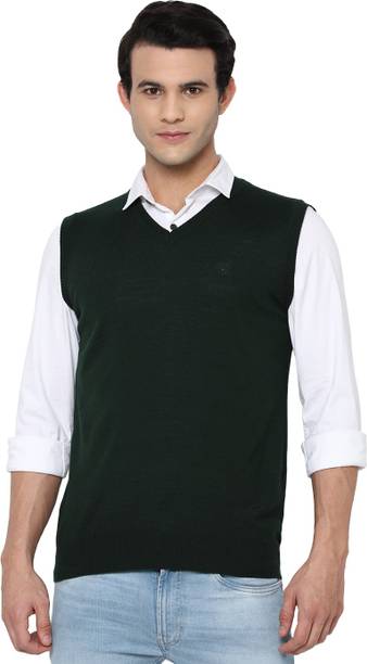 Men Solid V Neck Green Sweater