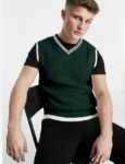 Men Self Design V Neck Green Sweater