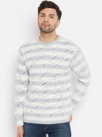 Men Self Design Round Neck Blue, White Sweater