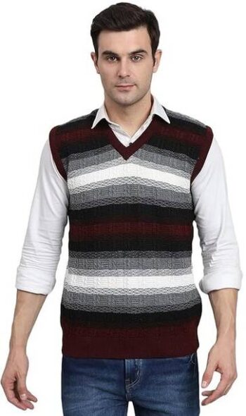 Men Printed V Neck Maroon Sweater