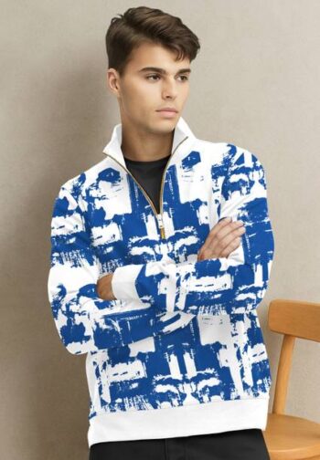 Men Printed Round Neck White, Blue Sweater