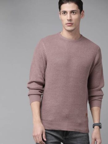 Men Woven Round Neck Pink Sweater