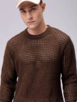 Men Self Design Crew Neck Brown Sweater