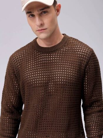 Men Self Design Crew Neck Brown Sweater