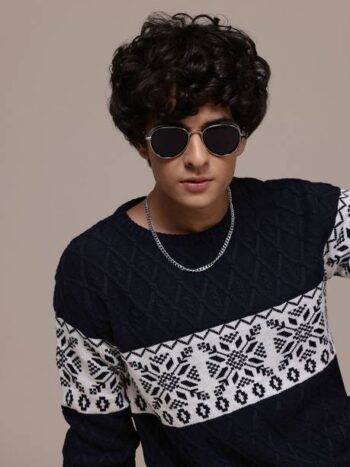 Men Self Design Round Neck Black, White Sweater