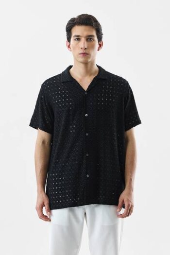 Men Boxy Fit Self Design Curved Collar Casual Shirt