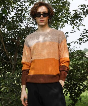 Men Self Design V Neck Dark Blue, Beige Sweater