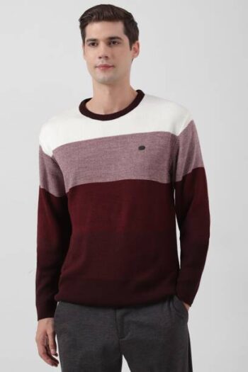 Men Colorblock Round Neck Maroon Sweater