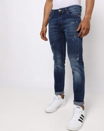 Mid-Wash Distressed Slim Fit Jeans