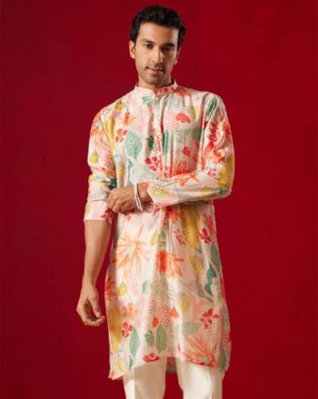 Floral Print Long Kurta with Mandarin Collar