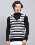 Men Self Design V Neck White, Black Sweater