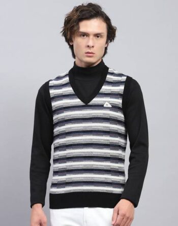 Men Self Design V Neck White, Black Sweater