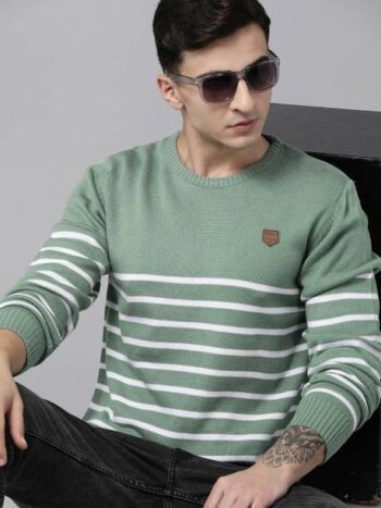 Men Striped Round Neck Beige Sweater