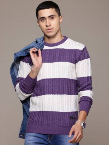 Men Self Design Round Neck Purple Sweater