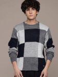 Men Colorblock Round Neck Grey, Black Sweater