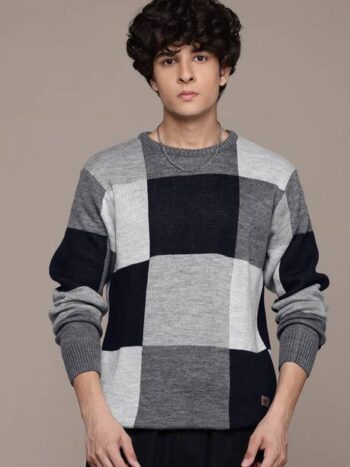 Men Colorblock Round Neck Grey, Black Sweater