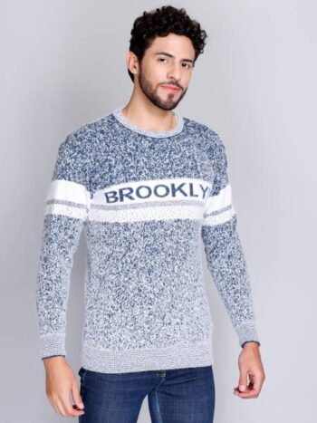Men Woven, Colorblock Round Neck Blue, White Sweater
